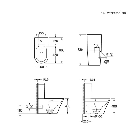 Унитаз напольный с бачком Ambassador Ritz 237K19001RS белый с сиденьем безободковый каскадный смыв